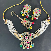 India Art Gold Plated Crystal Stone And Pearl Choker Necklace Set