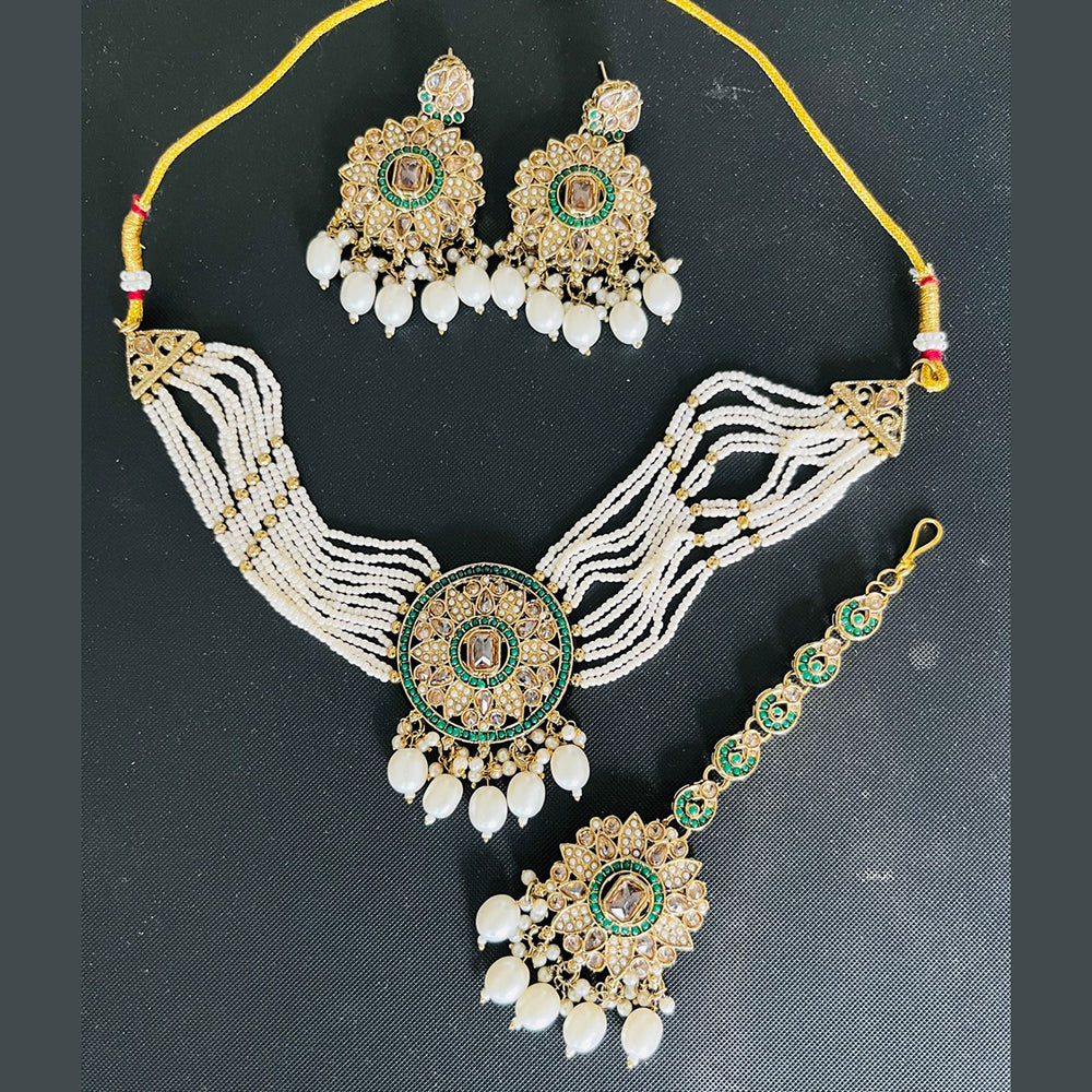 India Art Gold Plated Crystal Stone And Pearl Choker Necklace Set