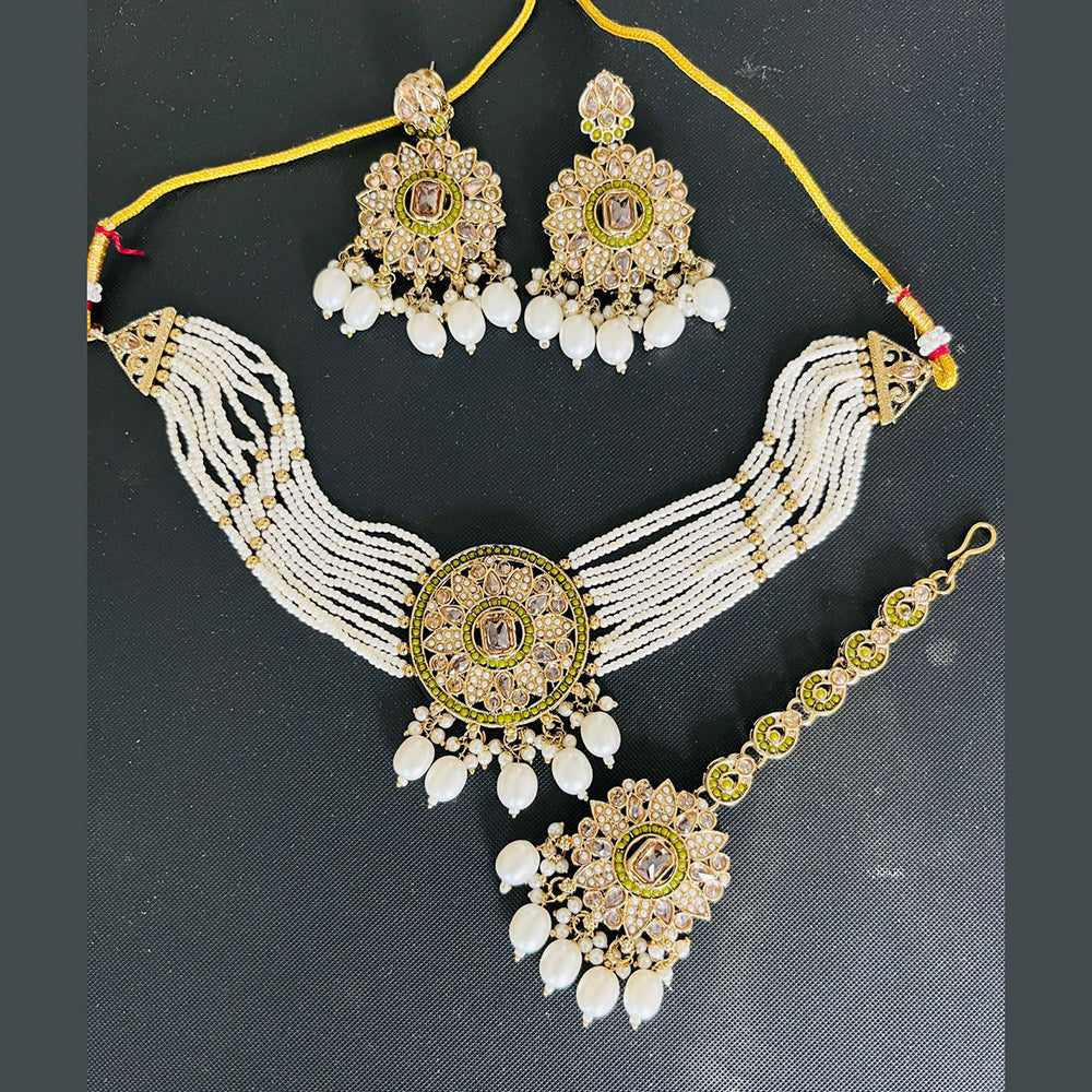 India Art Gold Plated Crystal Stone And Pearl Choker Necklace Set