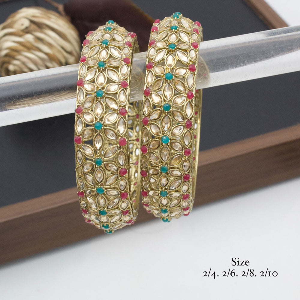 India Art Gold Plated Pota Stone And Kundan Bangles Set
