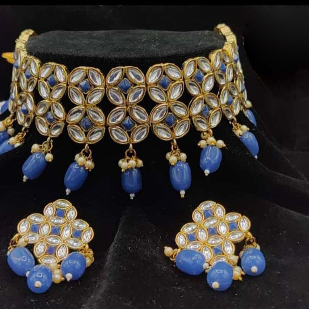 India Art Gold Plated Kundan And Beads Choker Necklace Set