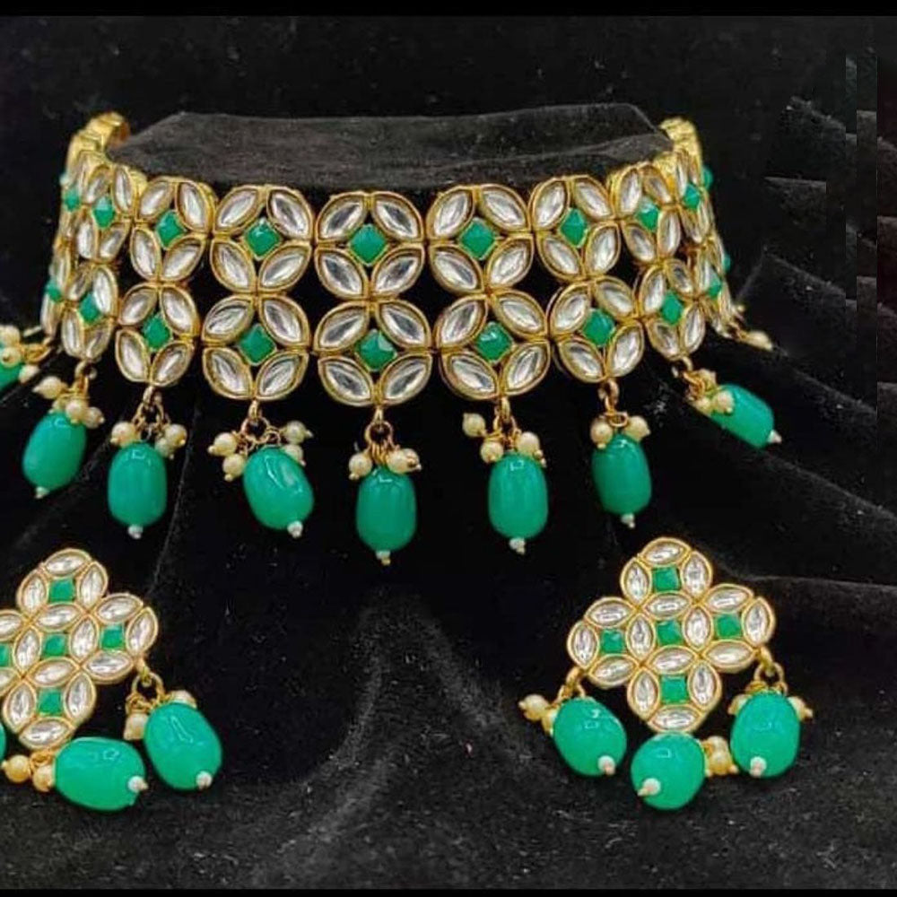 India Art Gold Plated Kundan And Beads Choker Necklace Set