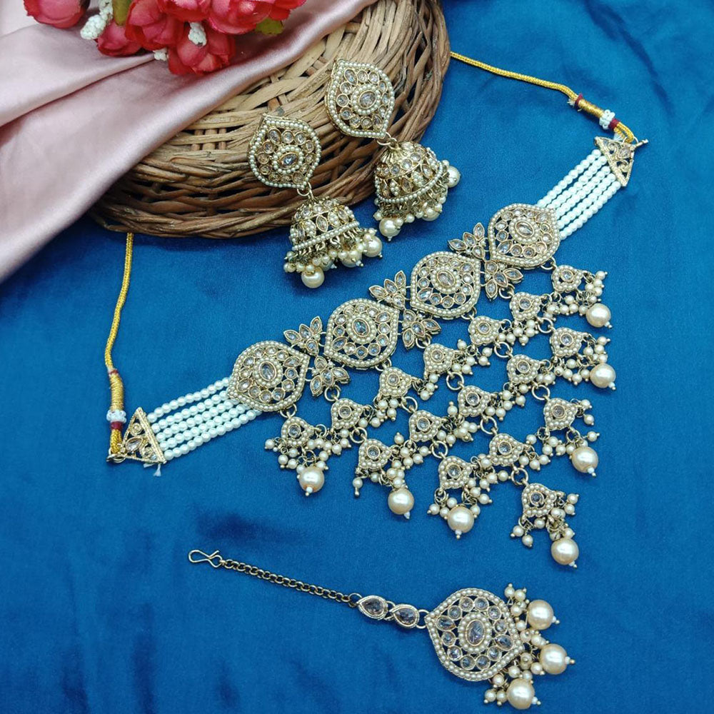 India Art Gold Plated Crystal Stone And Pearl Choker Necklace Set