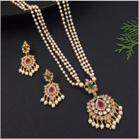 India Art Gold Plated Austrian Stone And Pearls Long Necklace Set