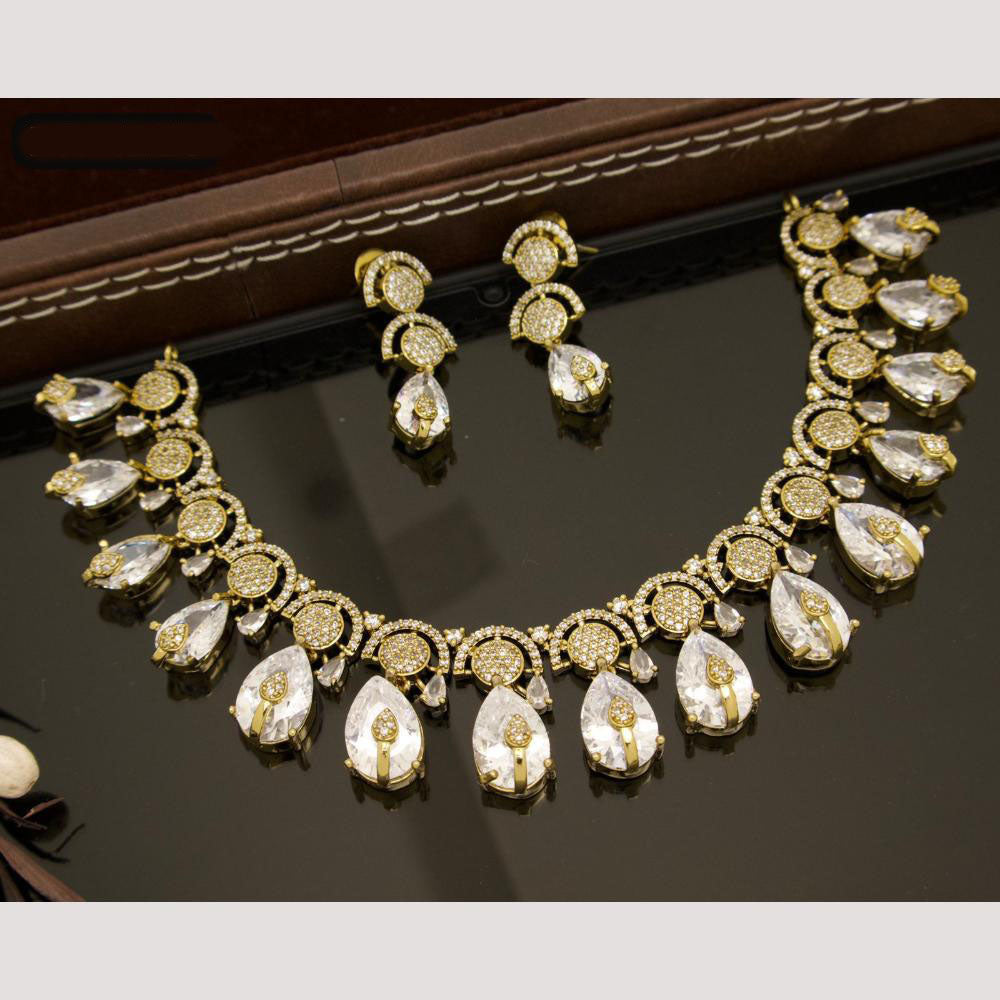 India Art Antique Gold Plated AD And Pota Stone Necklace Set