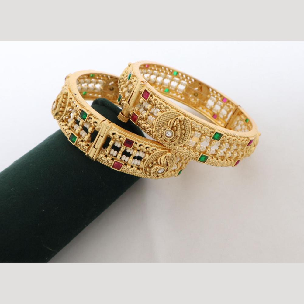 India Art Antique Finish Pota Stone And Pearl Openable Bangles For Festive Wear