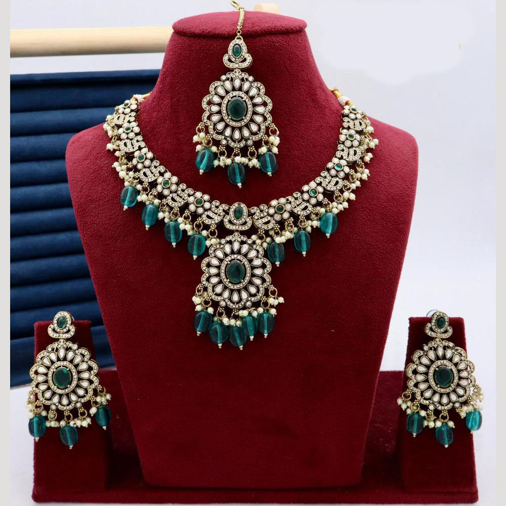 India Art Designer Kundan Necklace Set with Matching Earrings and Maangtikka for Ethnic Outfits