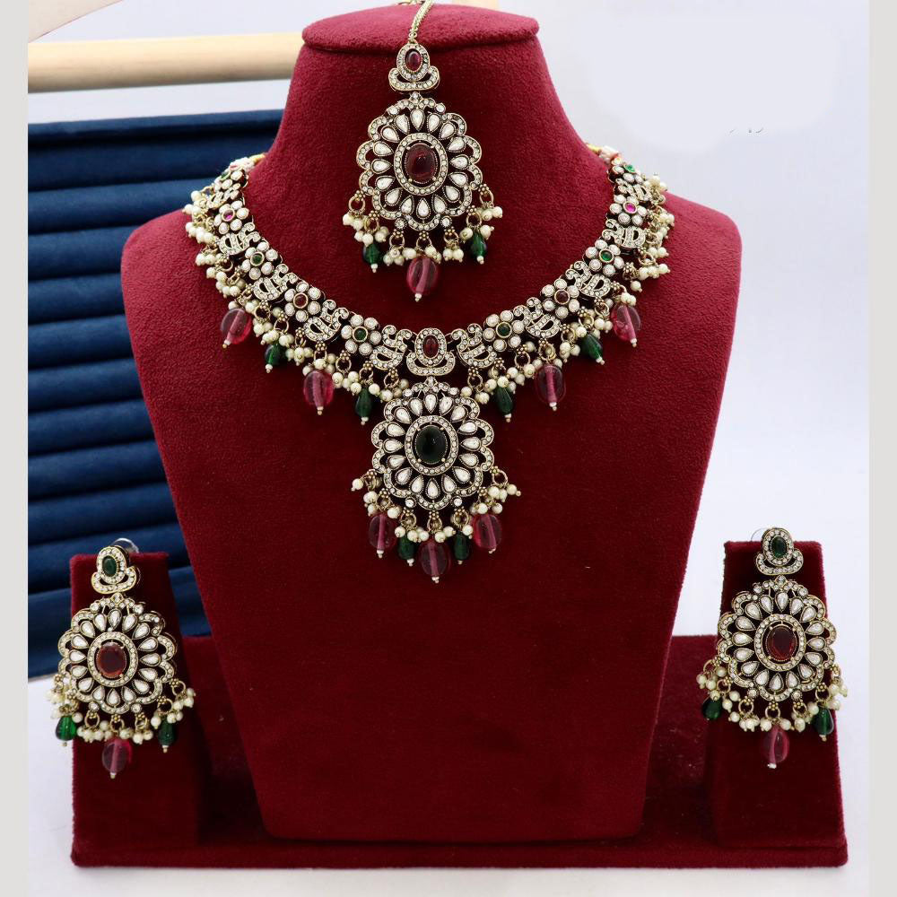 India Art Designer Kundan Necklace Set with Matching Earrings and Maangtikka for Ethnic Outfits