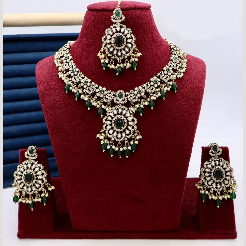 India Art Designer Kundan Necklace Set with Matching Earrings and Maangtikka for Ethnic Outfits