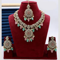 India Art Designer Kundan Necklace Set with Matching Earrings and Maangtikka for Ethnic Outfits