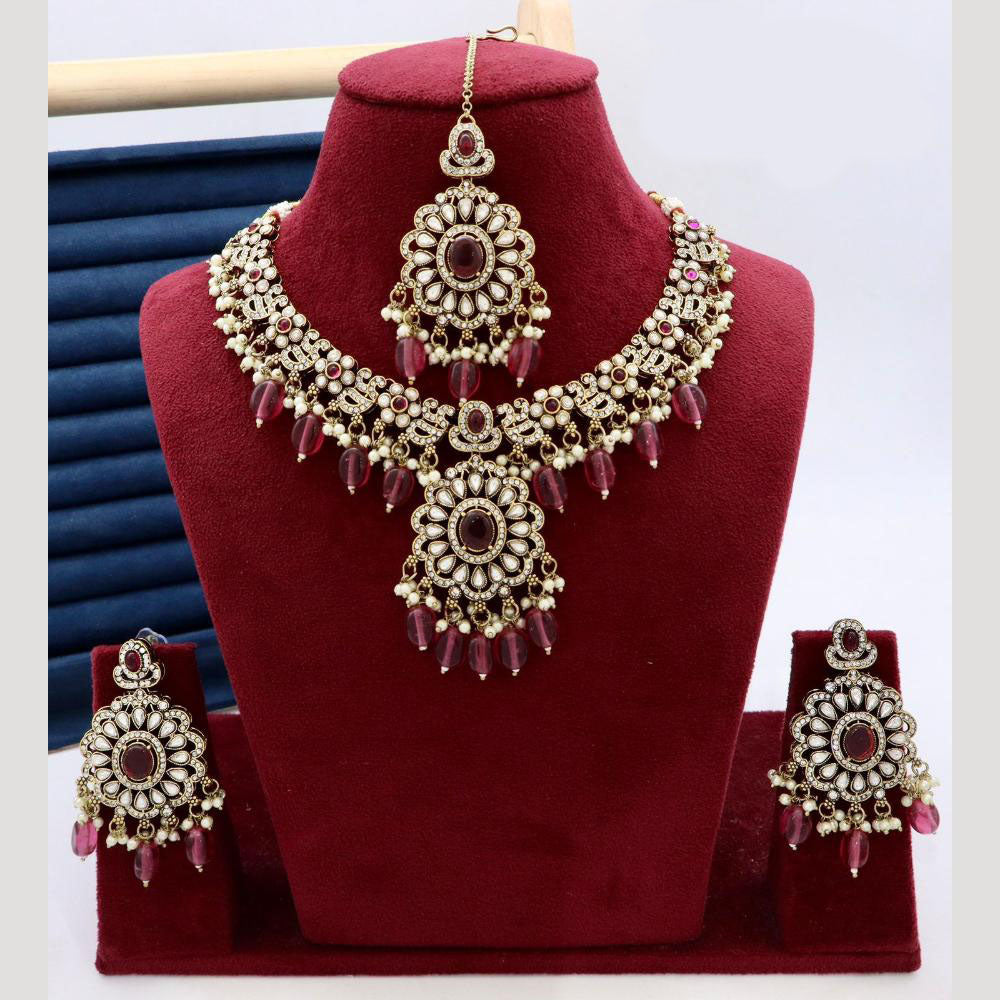 India Art Designer Kundan Necklace Set with Matching Earrings and Maangtikka for Ethnic Outfits