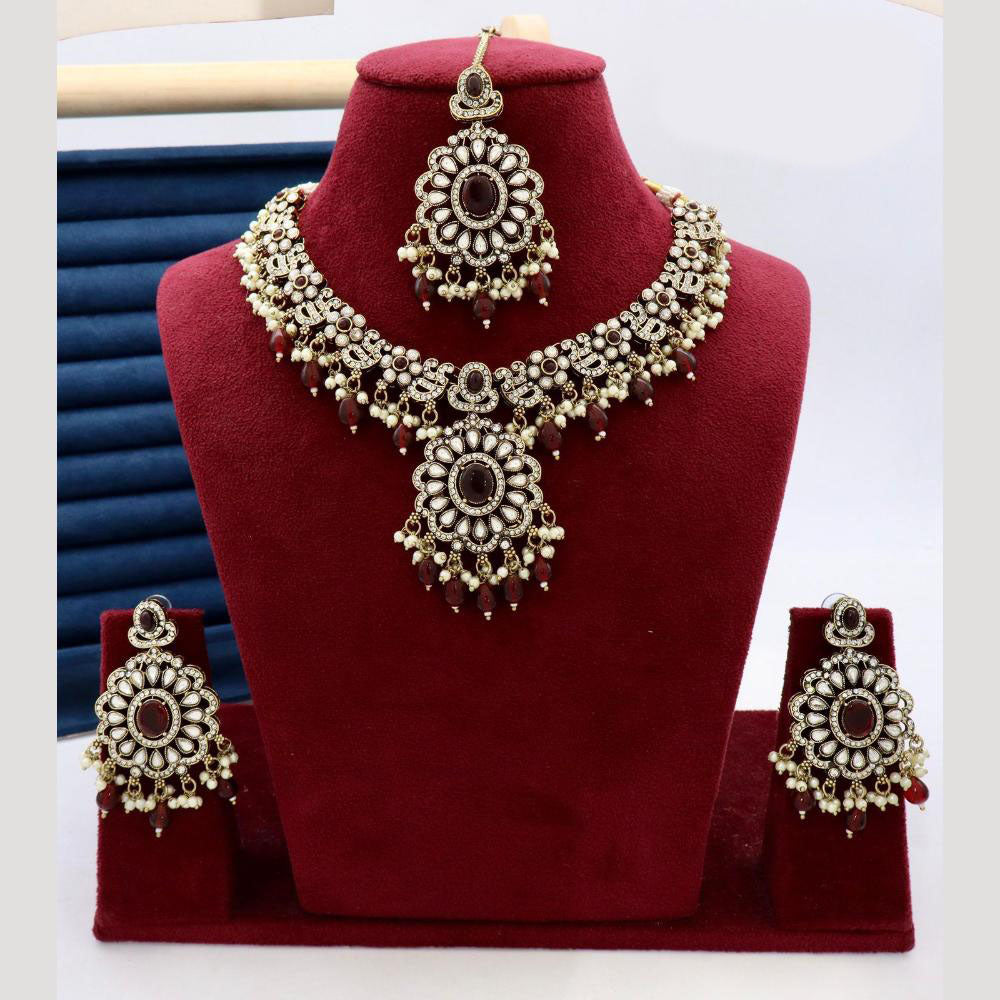 India Art Designer Kundan Necklace Set with Matching Earrings and Maangtikka for Ethnic Outfits