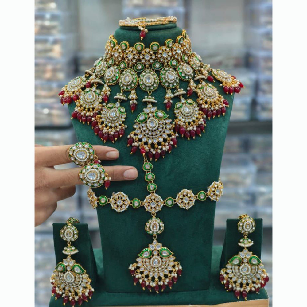 India Art Royal Kundan Stone And Pearl Meenakari Semi Bridal Necklace set