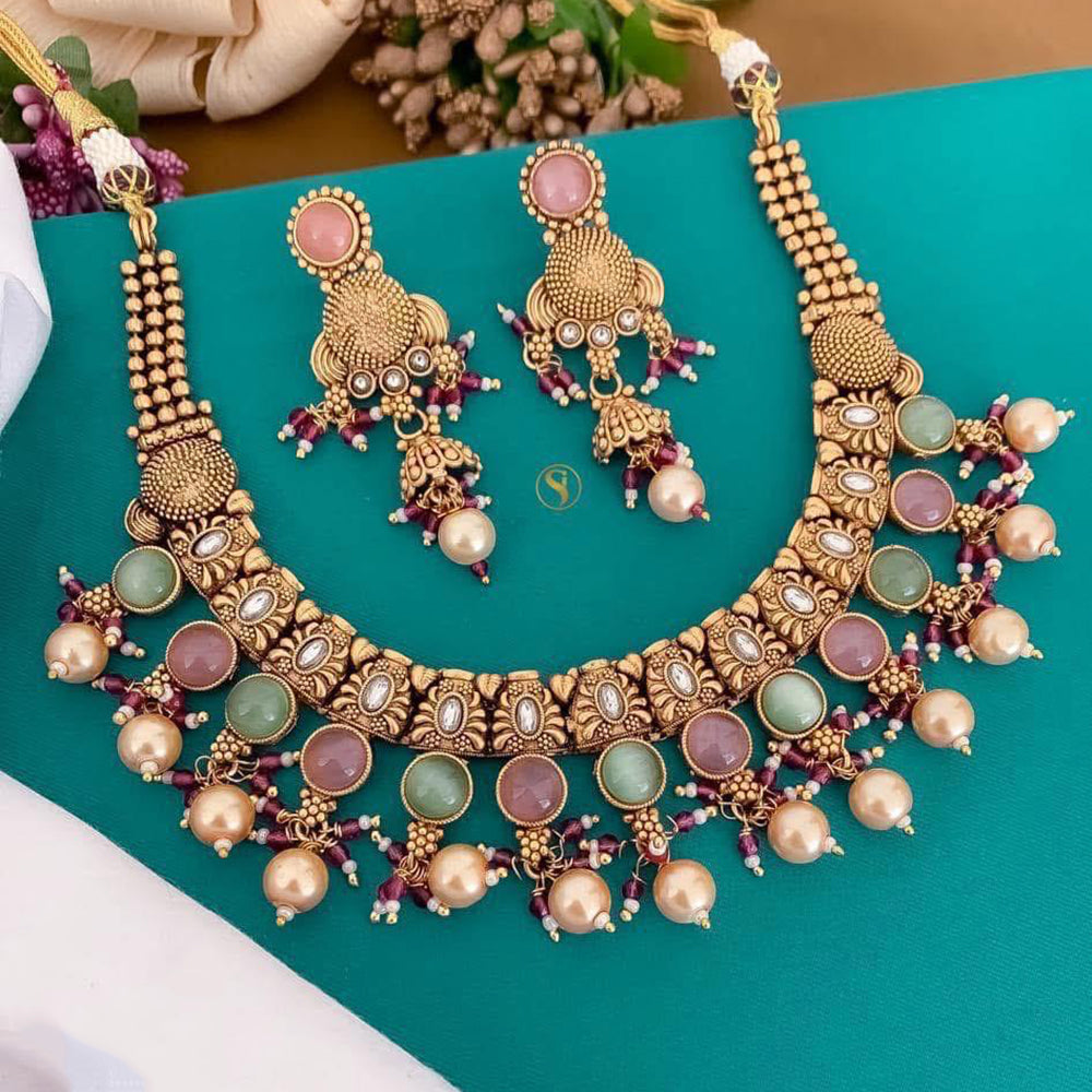 India Art Ethnic Pota Stone Beaded And Pearl Necklace Set