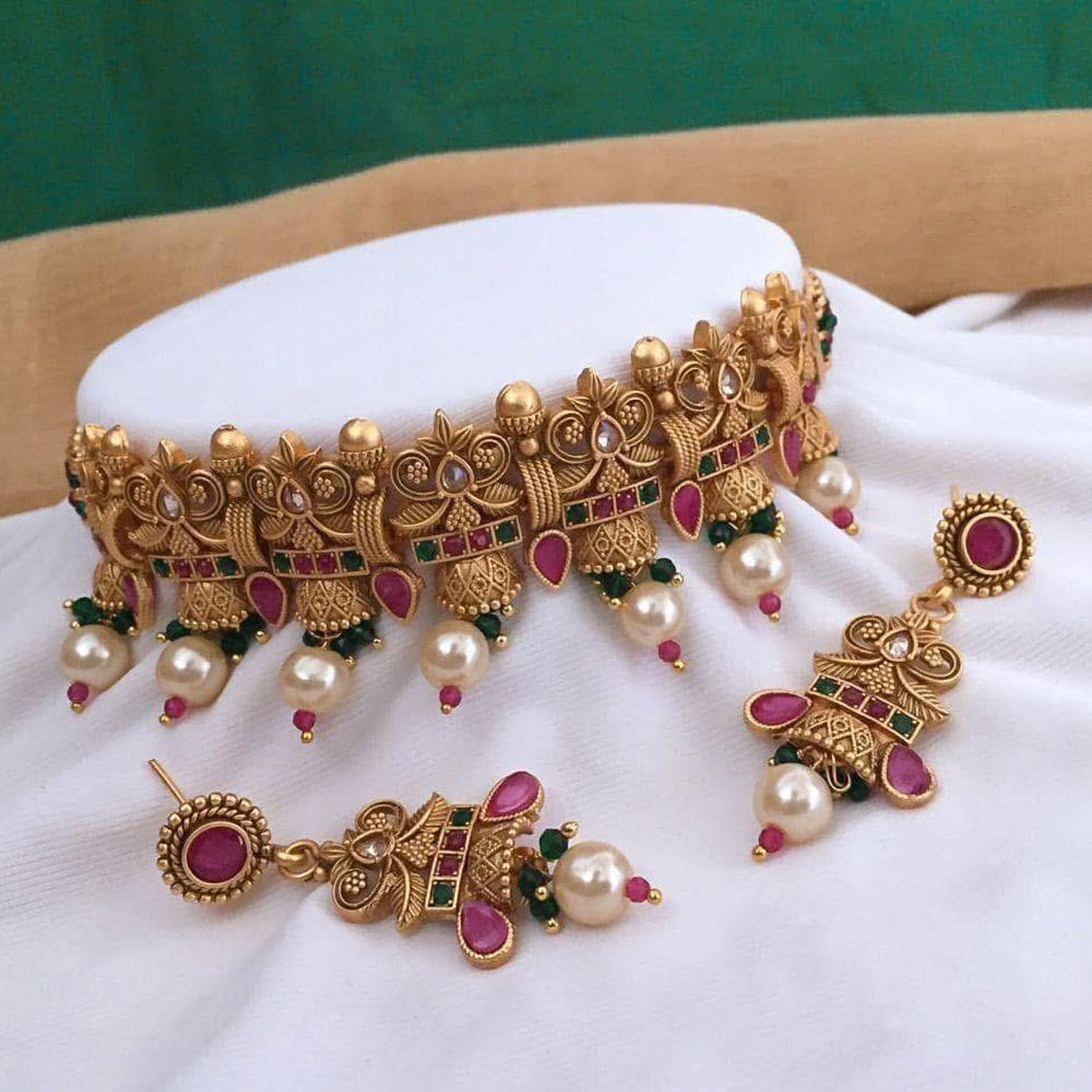 India Art Ethnic Pota Stone Pearl And Beads Choker Necklace Set
