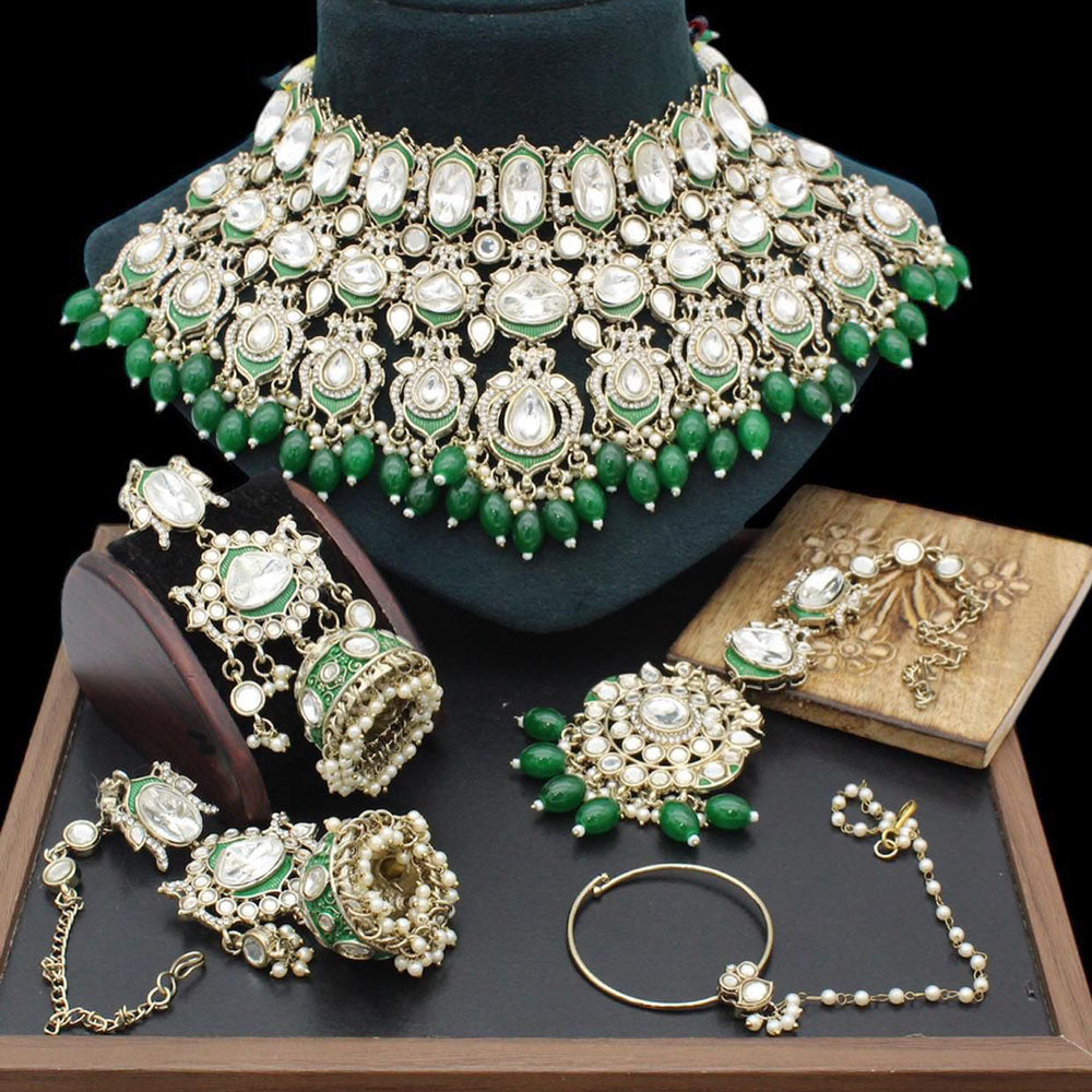 India Art Royal  Pearl Kundan Stone Pearl And Beads Semi Bridal Necklace Set
