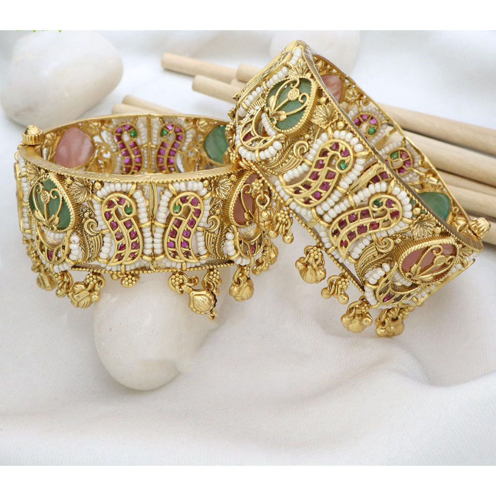 India Art Royal Pota Stone And Pearl Openable Bangles Set