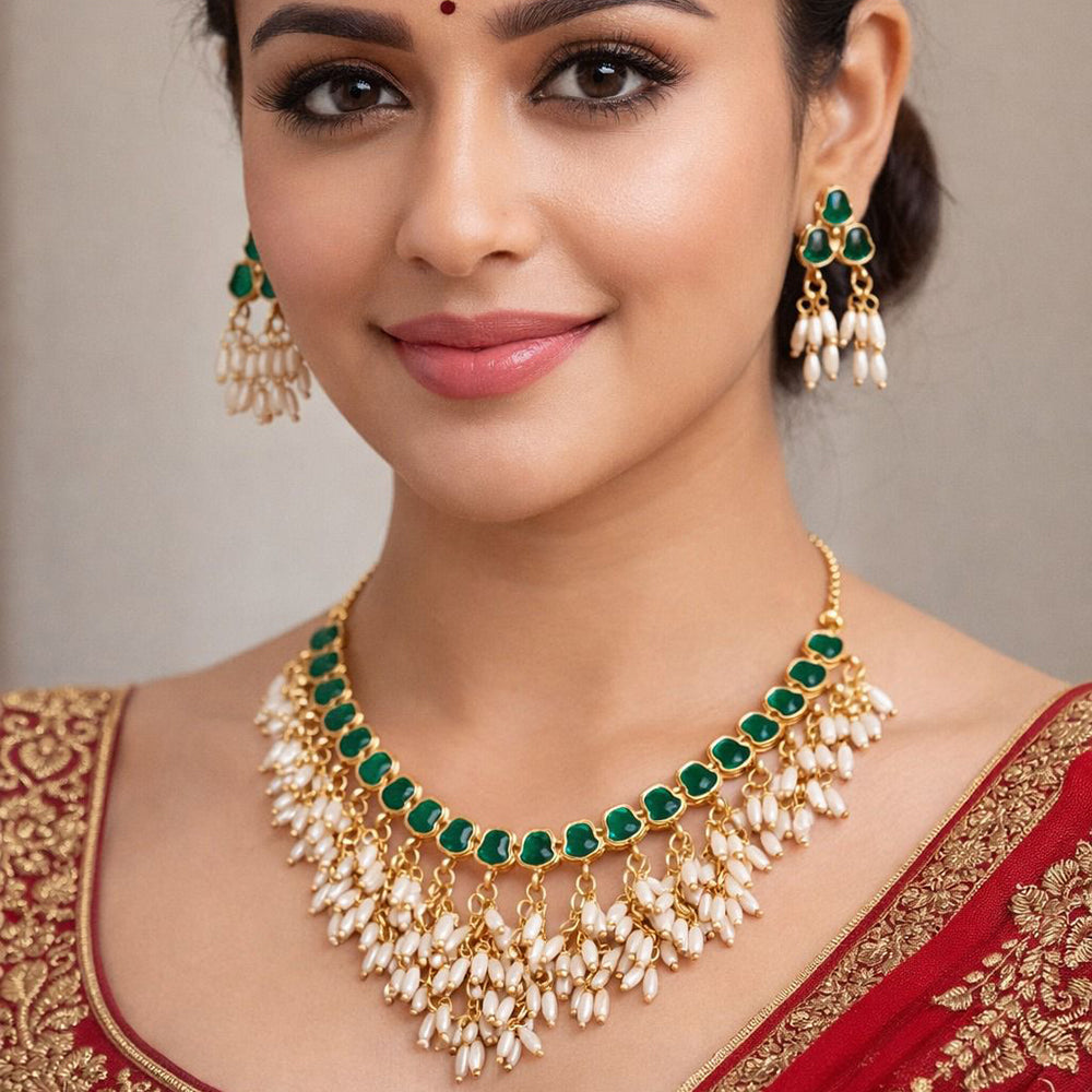 India Art Premium  Pota Stone And Pearl Necklace Set