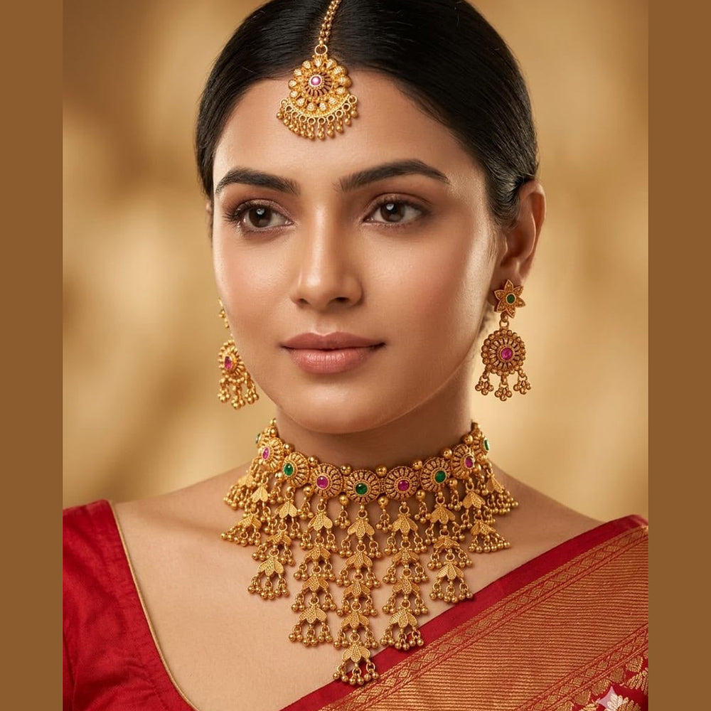 India Art Gold Plated Pota Stone And Pearls Choker Necklace Set