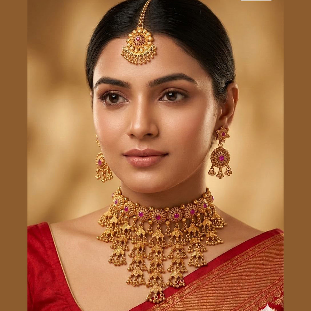 India Art Gold Plated Pota Stone And Pearls Choker Necklace Set