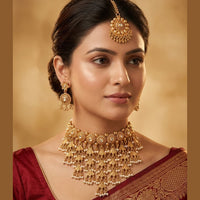 India Art Gold Plated Pota Stone And Pearls Choker Necklace Set
