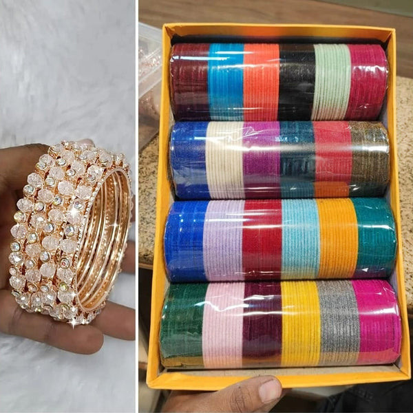 Pooja Bangles Rose Gold Plated Velvet And Pearl Bangles Set (Assorted Color )