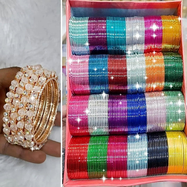 Pooja Bangles Rose Gold Plated Beads Metal Bangles Set (Assorted Color )