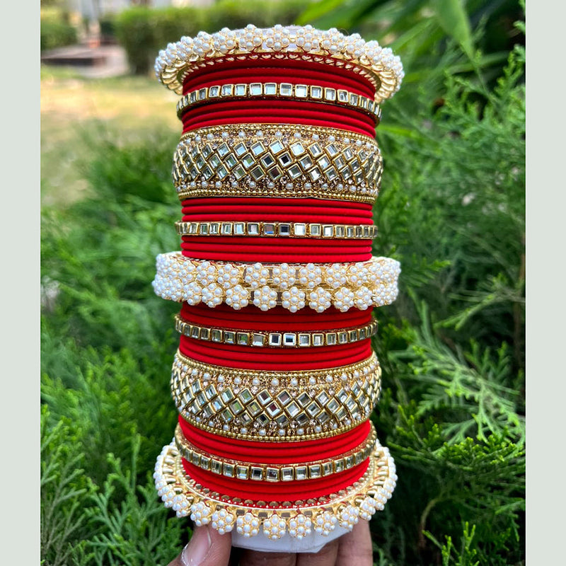 Pooja Bangles Gold Plated Pearl And Velvet Bangles Set