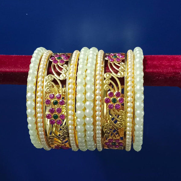 Pooja Bangles Gold Plated Austrian Stone And Pearl  Bangles Set