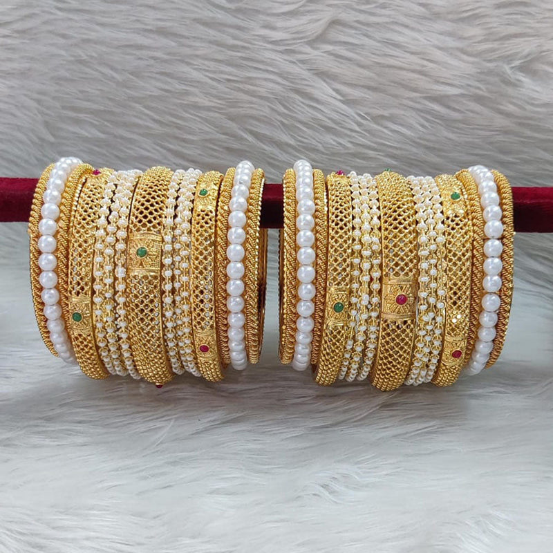 Pooja Bangles Gold Plated Pota Stone And Pearl Bangle Set