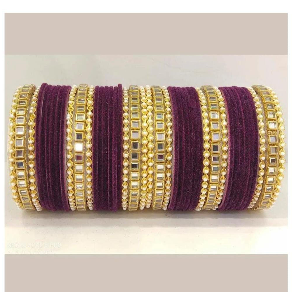 Pooja Bangles Gold Plated Velvet And Pearl Bangle Set