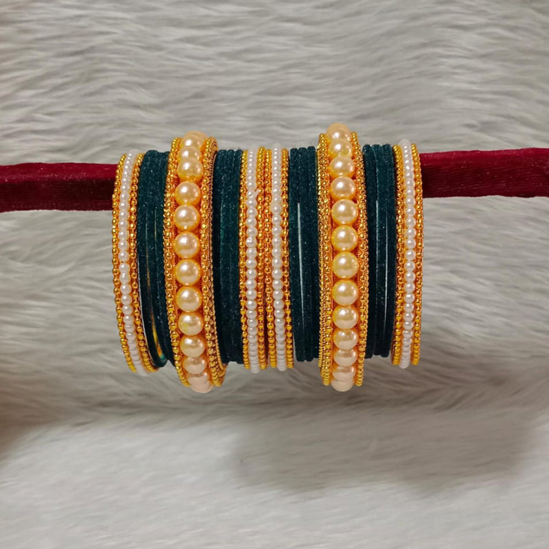 Pooja Bangles Gold Plated Velvet And Pearl Bangle Set