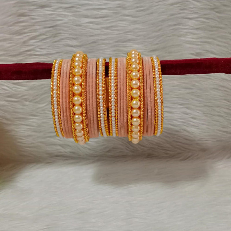 Pooja Bangles Gold Plated Velvet And Pearl Bangle Set