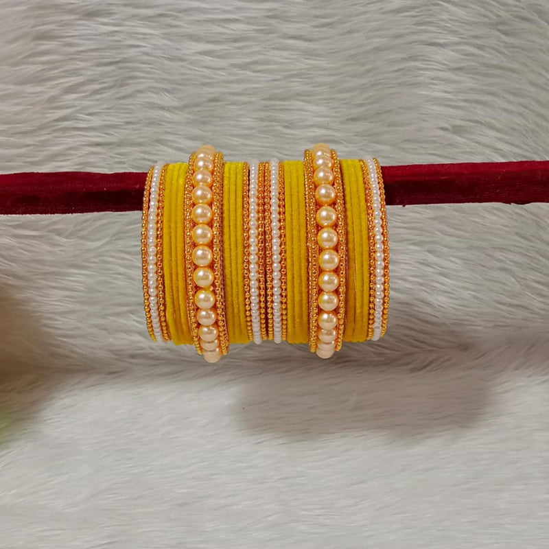 Pooja Bangles Gold Plated Velvet And Pearl Bangle Set