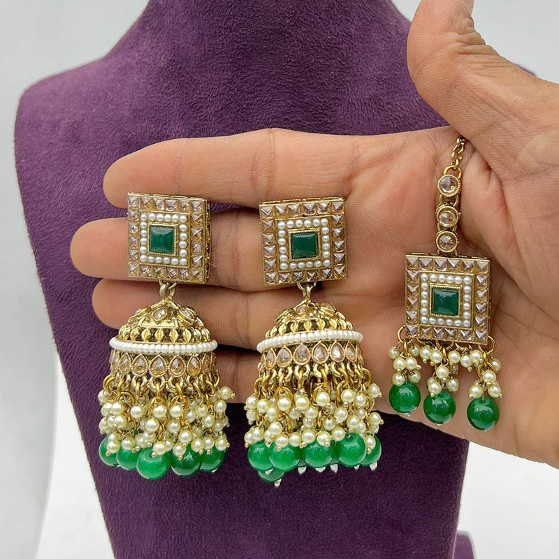 Pooja Bangles Gold Plated Crystal And Pearl Jhumki With Maangtikka