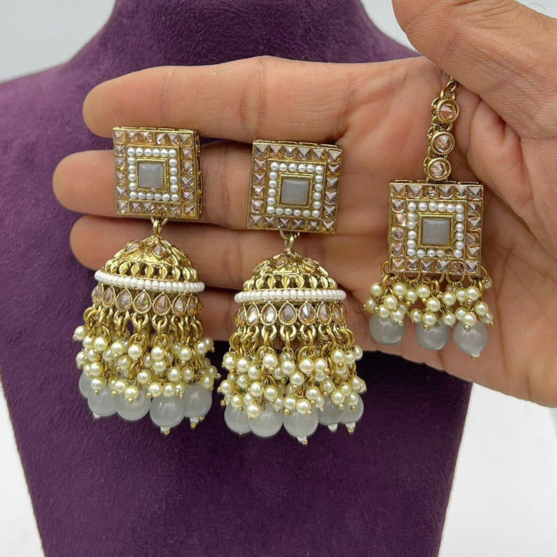 Pooja Bangles Gold Plated Crystal And Pearl Jhumki With Maangtikka