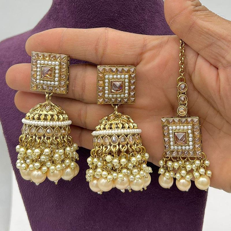 Pooja Bangles Gold Plated Crystal And Pearl Jhumki With Maangtikka