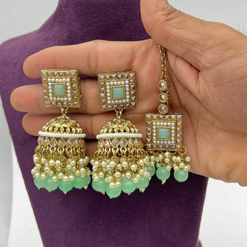 Pooja Bangles Gold Plated Crystal And Pearl Jhumki With Maangtikka