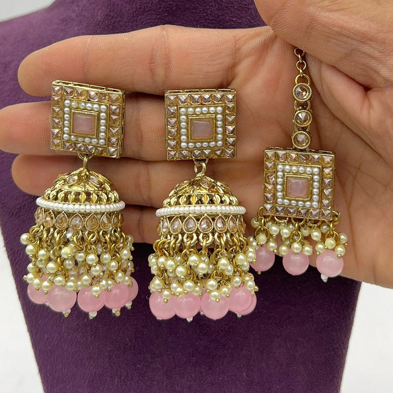 Pooja Bangles Gold Plated Crystal And Pearl Jhumki With Maangtikka