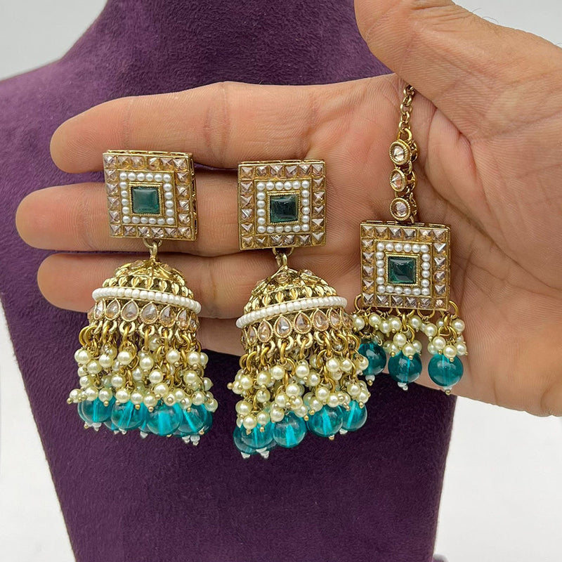 Pooja Bangles Gold Plated Crystal And Pearl Jhumki With Maangtikka