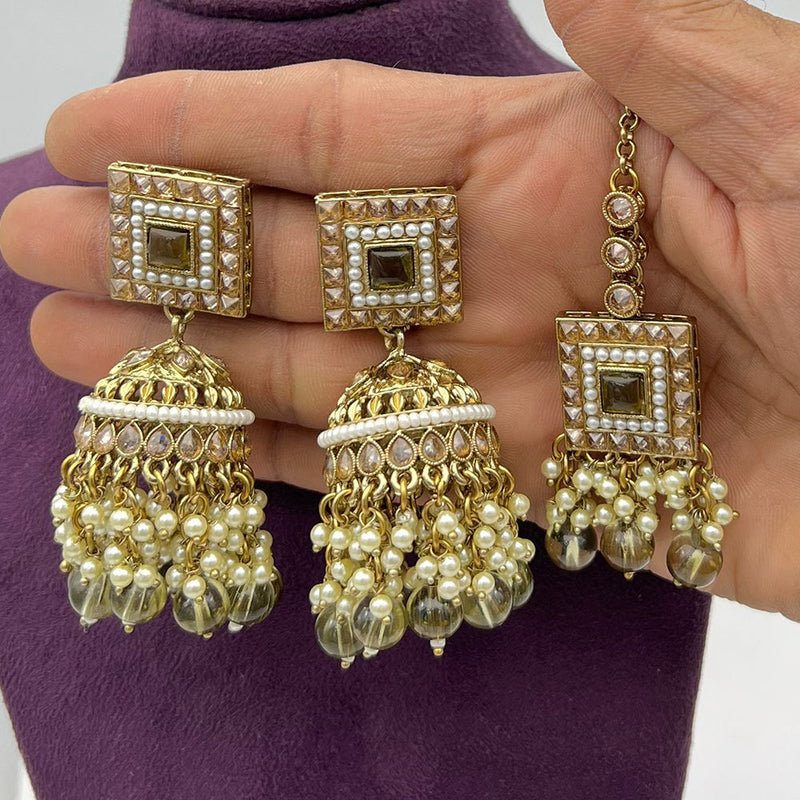 Pooja Bangles Gold Plated Crystal And Pearl Jhumki With Maangtikka