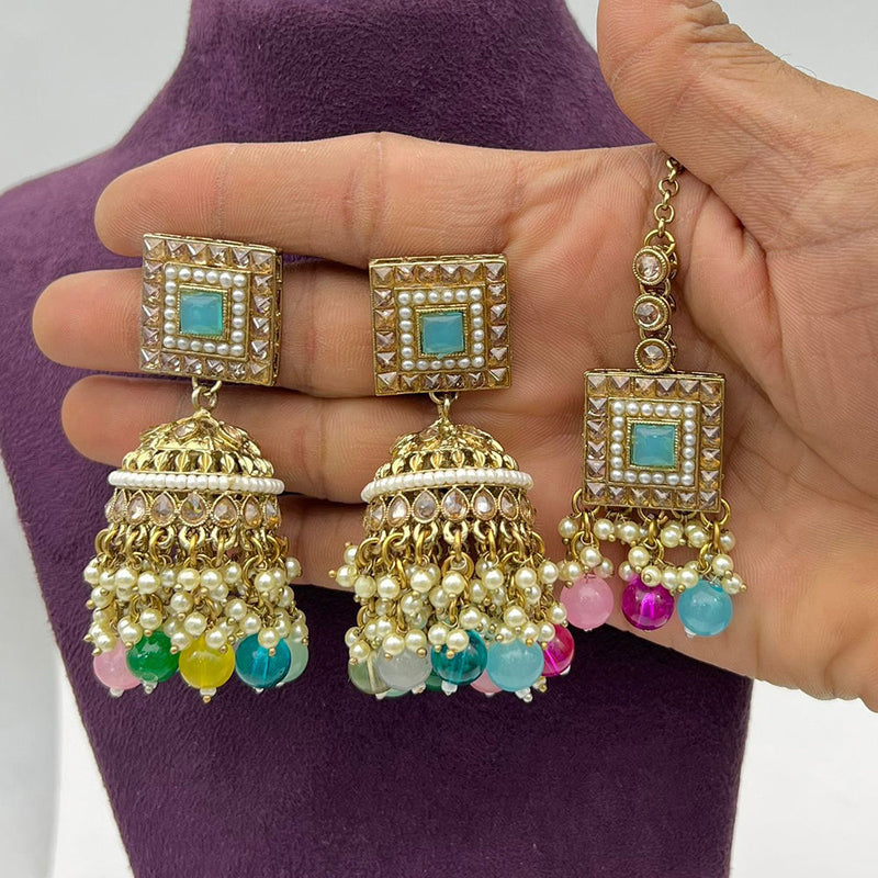 Pooja Bangles Gold Plated Crystal And Pearl Jhumki With Maangtikka