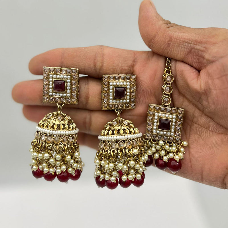 Pooja Bangles Gold Plated Crystal And Pearl Jhumki With Maangtikka