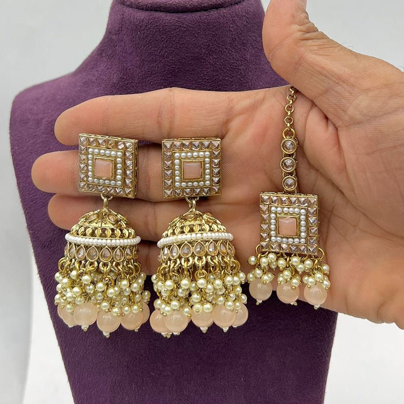 Pooja Bangles Gold Plated Crystal And Pearl Jhumki With Maangtikka