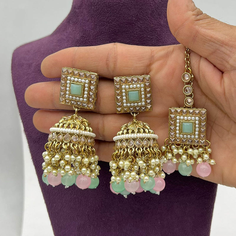 Pooja Bangles Gold Plated Crystal And Pearl Jhumki With Maangtikka