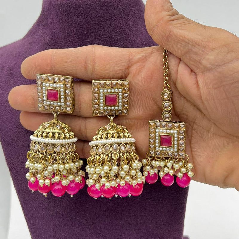 Pooja Bangles Gold Plated Crystal And Pearl Jhumki With Maangtikka