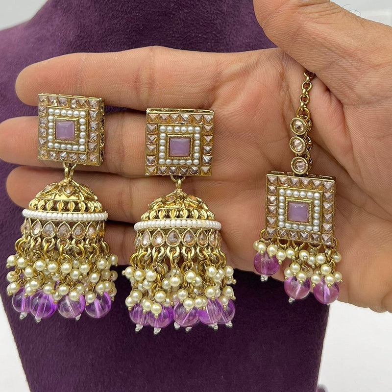 Pooja Bangles Gold Plated Crystal And Pearl Jhumki With Maangtikka