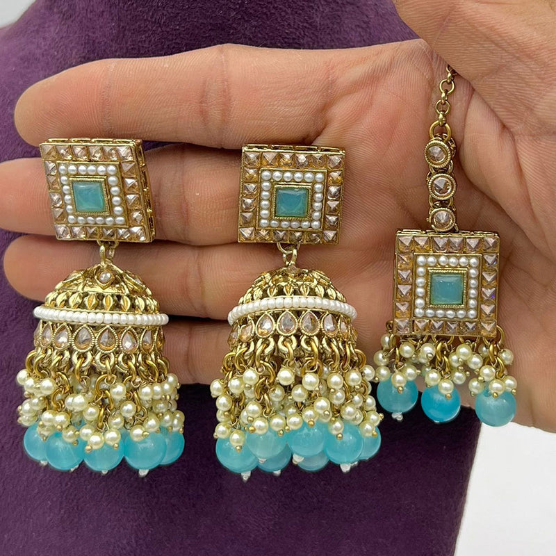 Pooja Bangles Gold Plated Crystal And Pearl Jhumki With Maangtikka