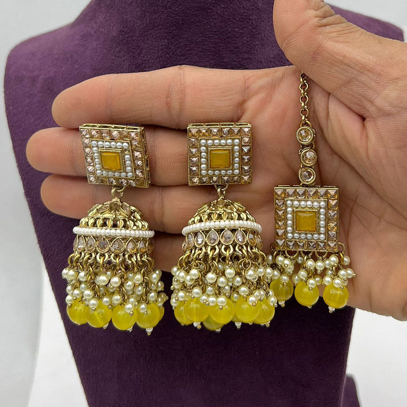 Pooja Bangles Gold Plated Crystal And Pearl Jhumki With Maangtikka