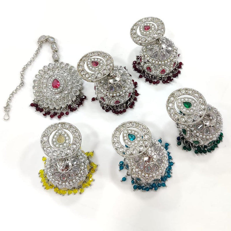 Pooja Bangles Silver Plated Crystal And Pearl Jhumki With Maangtikka